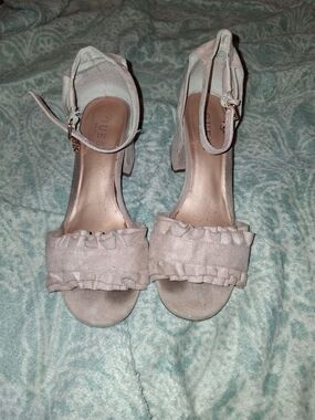Guess Blush Pink Ruffled Block Heel Sandals
